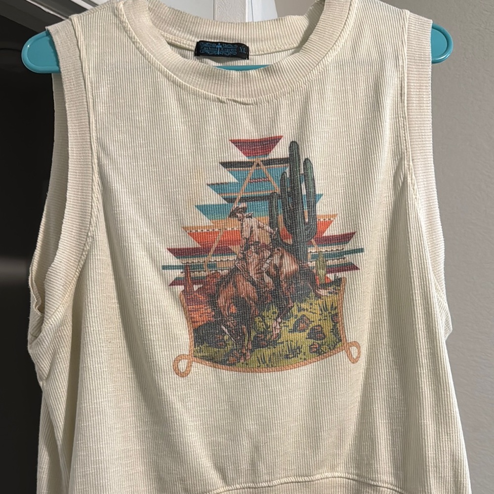 Cream Sleeveless Top with Western Print